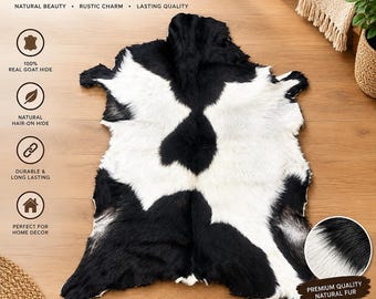 Black & White Goat Skin Rug, Genuine Goatskin Hide, Natural Hair-On Goat Pelt, Rustic Farmhouse Western Home Decor