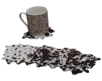 Real Cowhide Leather Coasters, Western Style Drink Mat (Pack of 6)
