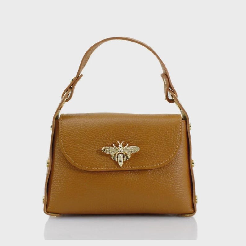 Women's REAL LEATHER Mini Gold Bee Tote Handbag Cross Body Chain Grab ...