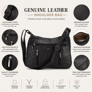 May include: A black genuine leather shoulder bag featuring an adjustable strap, multiple exterior zipper pockets with silver-tone hardware, and a spacious interior. The bag is labeled with the text GENUINE LEATHER SHOULDER BAG and includes icons.