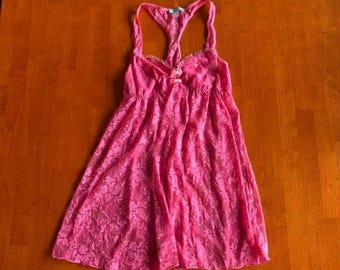 Y2K Betsey Johnson pink lace babydoll slip dress with yellow bow detail