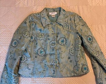 VTG Judith Heart Blue floral embroidered silk jacket with sequins, Medium