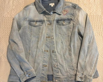 Candace Cameron Bure light blue denim jacket with heart patch, Medium