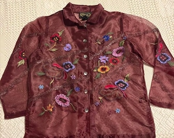 vintage maroon floral embroidered blouse with sparkle details.
