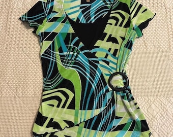 vintage 2000s Notations green and blue asymmetrical top with belt detail.