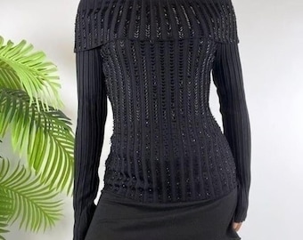 Y2K Sparkly Beaded Black off shoulder sweater