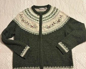 Croft & Barrow Wool/ Silk green sweater with red beaded pine cone embroidery