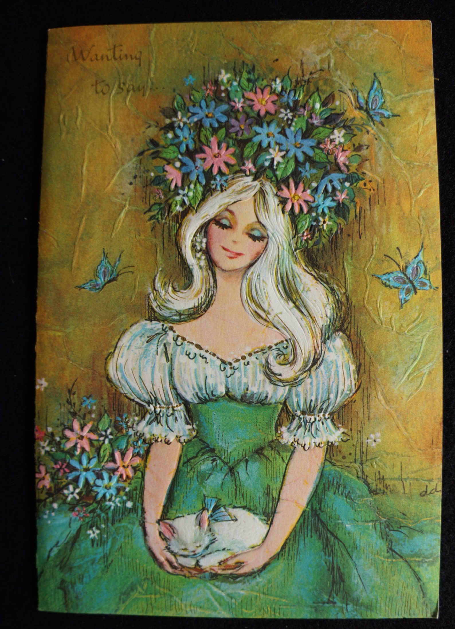 Vintage thinking of you card with flowers and kitten  Etsy