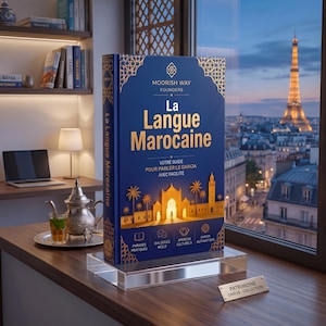 Op de afbeelding: Een boek getiteld "La Langue Marocaine" in het Frans, met een marineblauwe omslag en gouden details. Het boek wordt getoond op een heldere acrylstandaard, met uitzicht op de Eiffeltoren op de achtergrond. De tekst "Votre guide pour parler le darija avec facilite" is ook aanwezig.