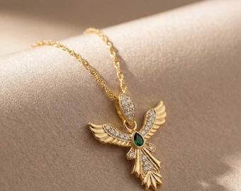 14K Gold Plated Phoenix Necklace, Sterling Silver, Green CZ Bird Pendant, Rebirth Symbol Jewelry