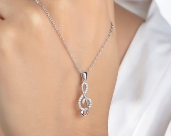 Sterling Silver Treble Clef Necklace, Cubic Zirconia Music Pendant, Dainty Jewelry