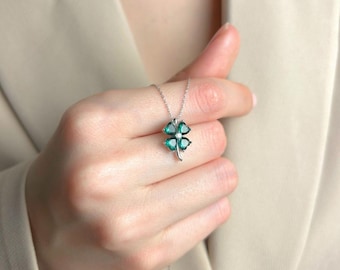 Sterling Silver Four Leaf Clover Necklace, Green CZ Lucky Pendant, Dainty Jewelry