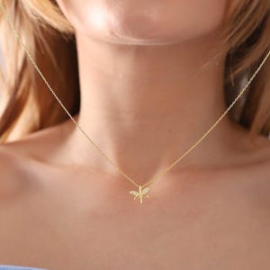 May include: A delicate gold necklace with a dragonfly pendant. The dragonfly has detailed wings and a small body, with what appears to be small gemstones. The necklace is worn around the neck.