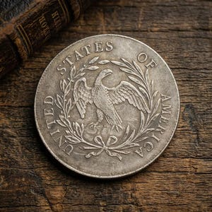 May include: A silver coin with an eagle design, surrounded by the words "UNITED STATES OF AMERICA." The coin is on a wooden surface. The coin's details are visible, including the eagle's wings and the text.