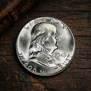 May include: A silver coin from 1949 featuring a profile of Benjamin Franklin. The coin is inscribed with "LIBERTY", "IN GOD WE TRUST", and the year. The coin is set against a dark wooden surface, with a glimpse of a book in the background.