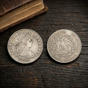 May include: Two antique silver Half Dollar coins from 1795, featuring Lady Liberty and an eagle. The coins are displayed on a dark wooden surface, with a vintage book in the background. The coins are round and have detailed engravings.