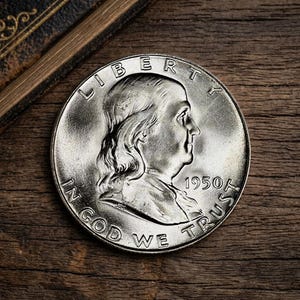 May include: A silver coin featuring a profile of Benjamin Franklin, with the year 1950 visible. The coin is inscribed with "LIBERTY" at the top and "IN GOD WE TRUST" at the bottom. The coin is set against a wooden background.