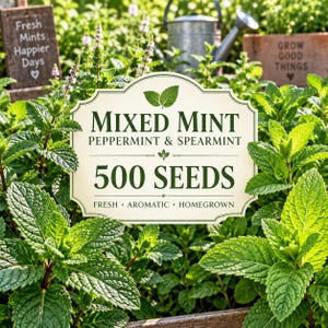 Könnte beinhalten: Ein cremefarbenes rechteckiges Schild mit dunkelgrünem Text, der Mixed Mint Peppermint & Spearmint 500 Seeds Fresh Aromatic Homegrown lautet, platziert vor einer üppigen grünen Minzpflanze mit einer Metallgießkanne und hölzernen Gartensteckern.