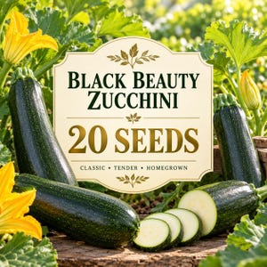 Puede incluir: Un paquete de semillas de calabacín Black Beauty con una etiqueta color crema con el texto Black Beauty Zucchini 20 Seeds Classic Tender Homegrown. La etiqueta está rodeada de calabacines verde oscuro, flores amarillas y rodajas.