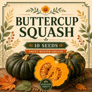 Peut inclure: Une étiquette de sachet de graines pour courge Buttercup avec le texte 10 SEEDS et SWEET WINTER SQUASH. Le design présente des illustrations de deux courges entières vert foncé et une courge coupée montrant la chair orange et les graines.
