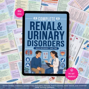 Pode incluir: Um tablet digital exibindo um guia intitulado Complete Renal & Urinary Disorders, com ilustrações de um paciente e um profissional de saúde, cercado por várias folhas de referência médica impressas com texto e diagramas.