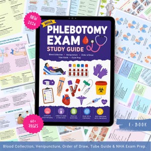 May include: A digital NHA Phlebotomy Exam Study Guide e-book featuring a dark blue cover with medical illustrations including a blood drop, stethoscope, test tubes, gloves, a heart, and a biohazard container, plus text detailing blood collection topics.