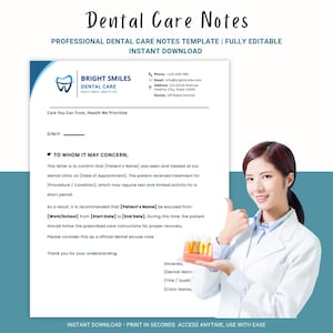 May include: Dental care notes template with the text "Dental Care Notes" at the top. The template includes a logo for Bright Smiles Dental Care, contact information, and a section to confirm patient treatment and excuse them from work or school.