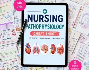 Op de afbeelding: Een digitale tablet met een Nursing Pathophysiology Cheat Sheet met de tekst NEW 2026 en INSTANT DOWNLOAD. Het scherm bevat medische illustraties van een hart, longen, hersenen, nier en darmen, met een zwarte pen aan de zijkant.