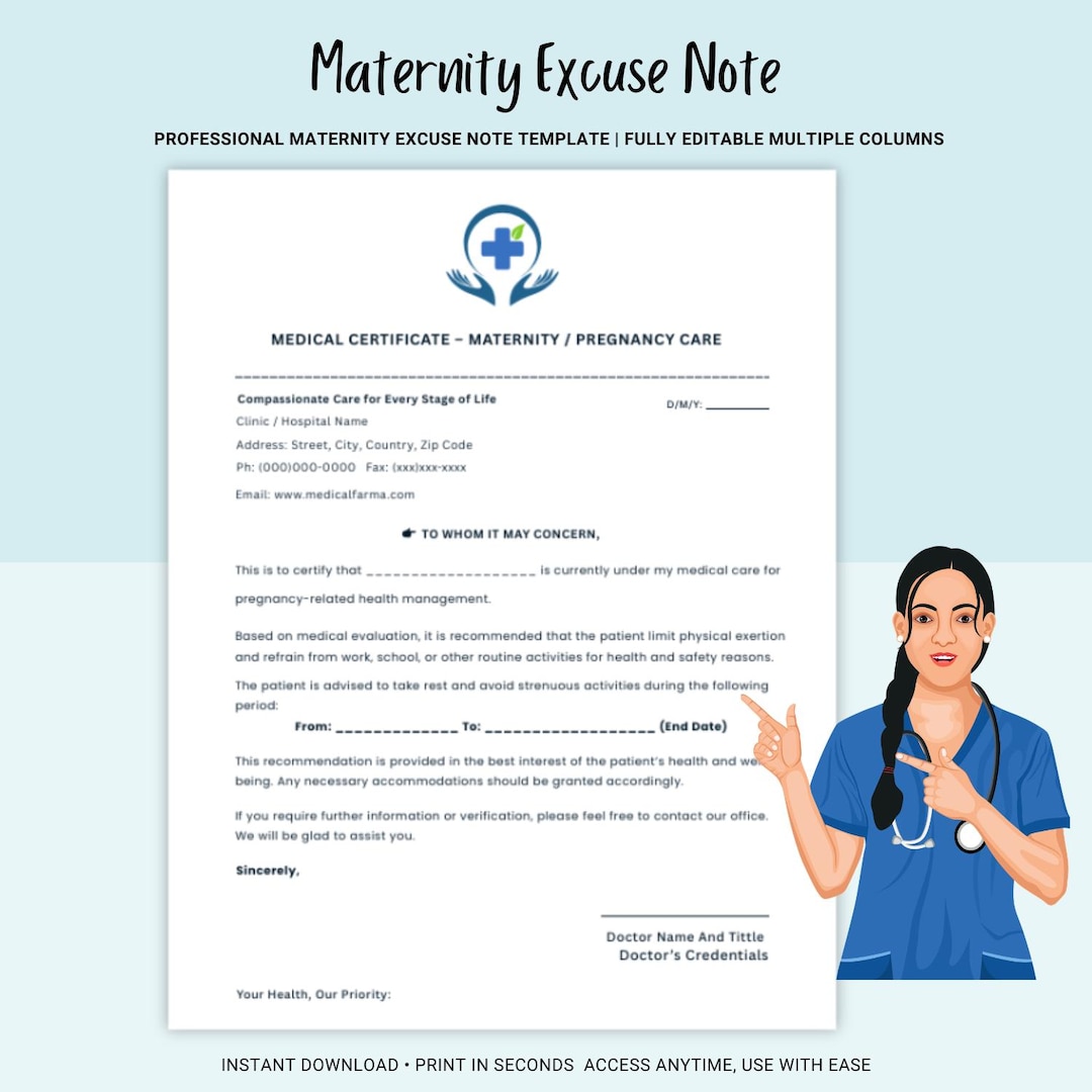 Pregnancy Medical Excuse Note | Maternity Absence Template | Editable ...