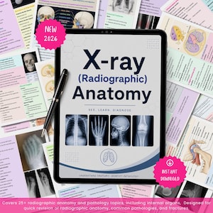 Könnte beinhalten: Ein digitales Tablet mit einem Leitfaden zur Röntgenanatomie, medizinischen Illustrationen und Text. Der Bildschirm zeigt vier Röntgenbilder von Brustkorb, Hand, Schädel und Knie sowie einen schwarzen Stift, der auf der linken Seite des Geräts liegt.