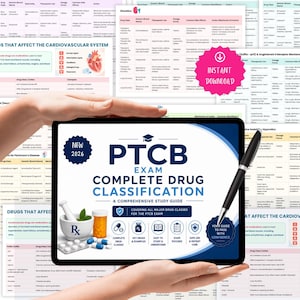 May include: A digital tablet displaying a study guide titled PTCB Exam Complete Drug Classification. The screen features a mortar and pestle, a pill bottle, and a blister pack of capsules. A black pen rests on the screen, which also includes icons for drug classes, examples, and exam focus.