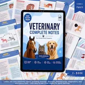 May include: A digital veterinary study guide titled "Veterinary Complete Notes" with a horse, cat, and dog. The ebook includes detailed notes, is easy to study, exam-focused, and trusted by vet students. The guide covers core veterinary topics.