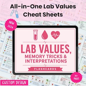 Tarjetas didácticas completas sobre valores de laboratorio, trucos de memoria, interpretaciones y preparación para el examen NCLEX (descarga digital).