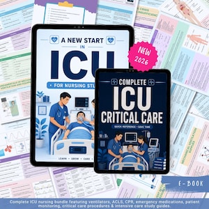 May include: Two digital tablets displaying nursing study guides titled A New Start in ICU and Complete ICU Critical Care. The screens feature illustrations of medical staff attending to a patient in a hospital bed, surrounded by various educational charts.