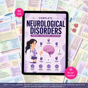 May include: A digital tablet displaying a guide titled Complete Neurological Disorders, featuring a medical professional pointing to a brain illustration surrounded by icons for stroke, migraine, epilepsy, multiple sclerosis, and Parkinson's disease.
