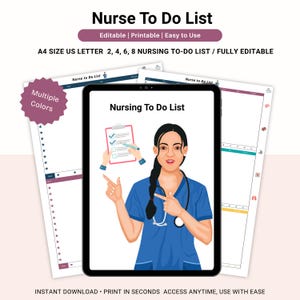 Może przedstawiać: Cyfrowy wydruk "Listy zadań pielęgniarki" z ilustracją pielęgniarki. Projekt zawiera edytowalne i drukowane szablony w formatach A4 i US Letter. Obraz zawiera również tekst "Multiple Colors" i "Instant Download".