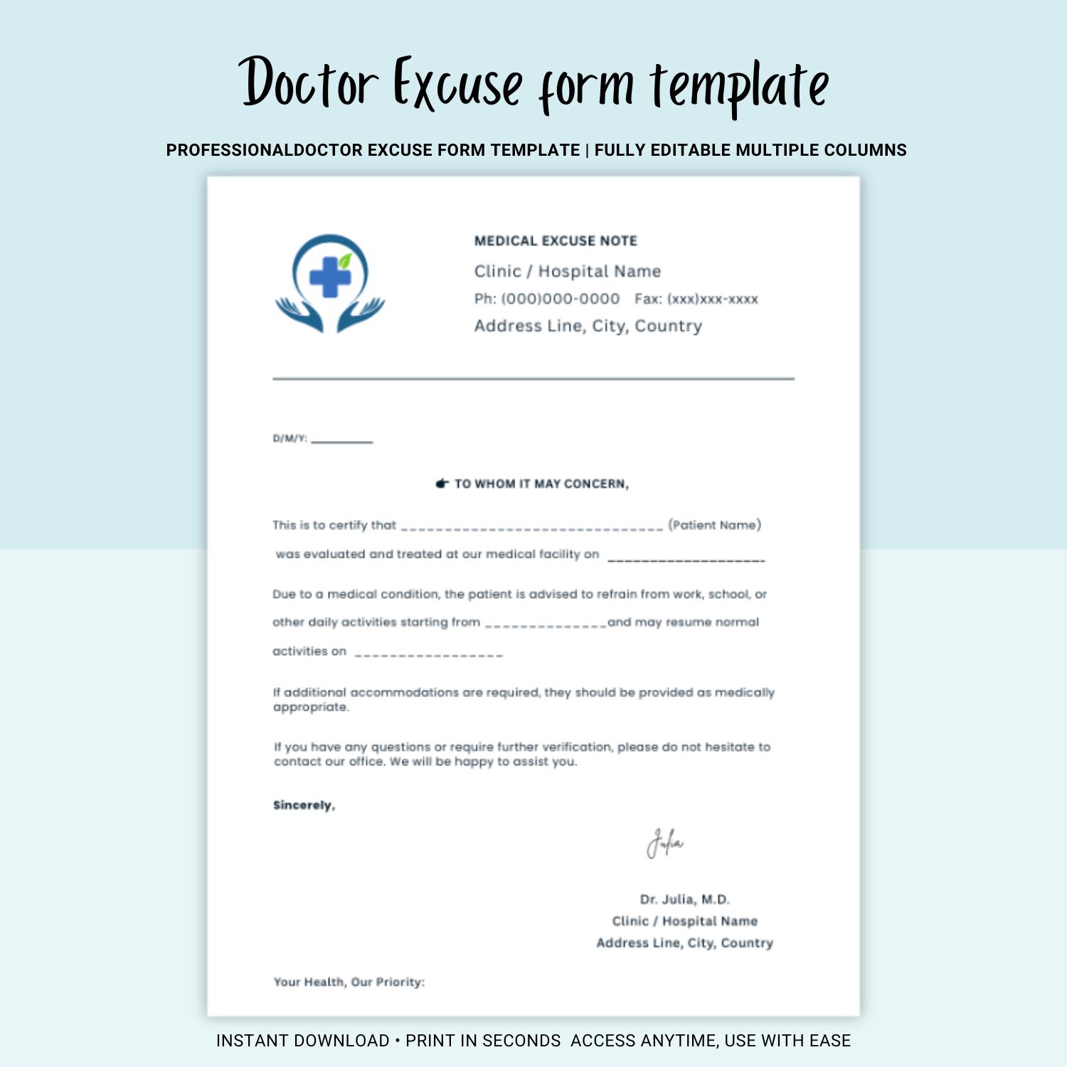 Editable Medical Absence Note Template | Printable Doctor-style Form ...