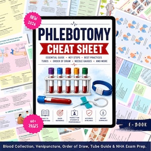 May include: A digital phlebotomy cheat sheet e-book cover featuring the title PHLEBOTOMY CHEAT SHEET in bold text. It displays a rack of five test tubes with colored caps, a single blood collection tube, a butterfly needle, and a blue wristband.