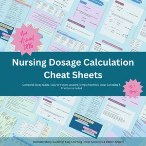 以下が含まれることがあります： 看護師の投与量計算チートシートのコレクション。「Nursing Dosage Calculation Cheat Sheets」というタイトルが、ティール色の背景に白い文字で表示されています。画像には、「Complete Study Guide」や「10+ Pages」などのテキストが含まれています。