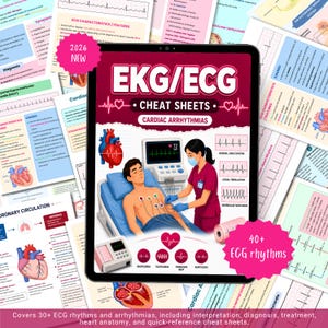 May include: A digital tablet displaying EKG/ECG Cheat Sheets for cardiac arrhythmias, featuring an illustration of a patient with heart monitors and a medical professional, surrounded by various medical reference study sheets.