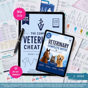May include: Two digital tablets displaying veterinary study materials. The larger screen shows The Complete Veterinary Cheat Sheet, while the smaller screen displays Veterinary Complete Notes with images of a horse, cat, and dog. Includes a black pen.