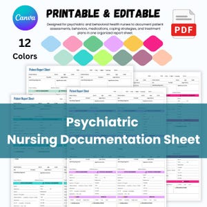 Puede incluir: Una hoja de documentación de enfermería psiquiátrica imprimible y editable en 12 colores. El documento incluye secciones para nombre del paciente, habitación, edad, código, proveedor, estado legal, diagnóstico de ingreso, eventos significativos, evaluación psíquica y física, y medicamentos.