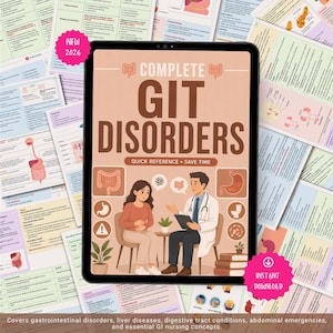 Puede incluir: Una tableta digital que muestra una guía de referencia médica titulada COMPLETE GIT DISORDERS. La pantalla presenta una ilustración de un profesional de la salud consultando a un paciente, rodeado de varios gráficos y diagramas médicos.
