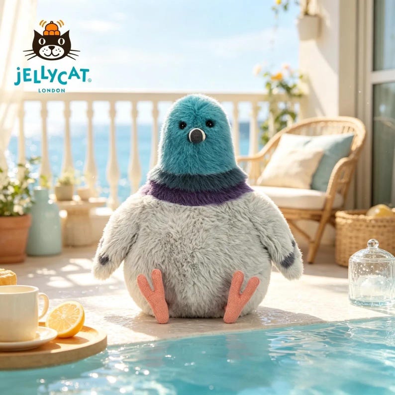 K&ouml;nnte beinhalten: Ein Pl&uuml;schpigeon-Spielzeug mit t&uuml;rkisfarbenem Kopf, lila und grauem Hals und grauem K&ouml;rper. Das Spielzeug hat kleine Fl&uuml;gel, rosa F&uuml;&szlig;e und einen schwarzen Schnabel. Das Jellycat London-Logo ist sichtbar.