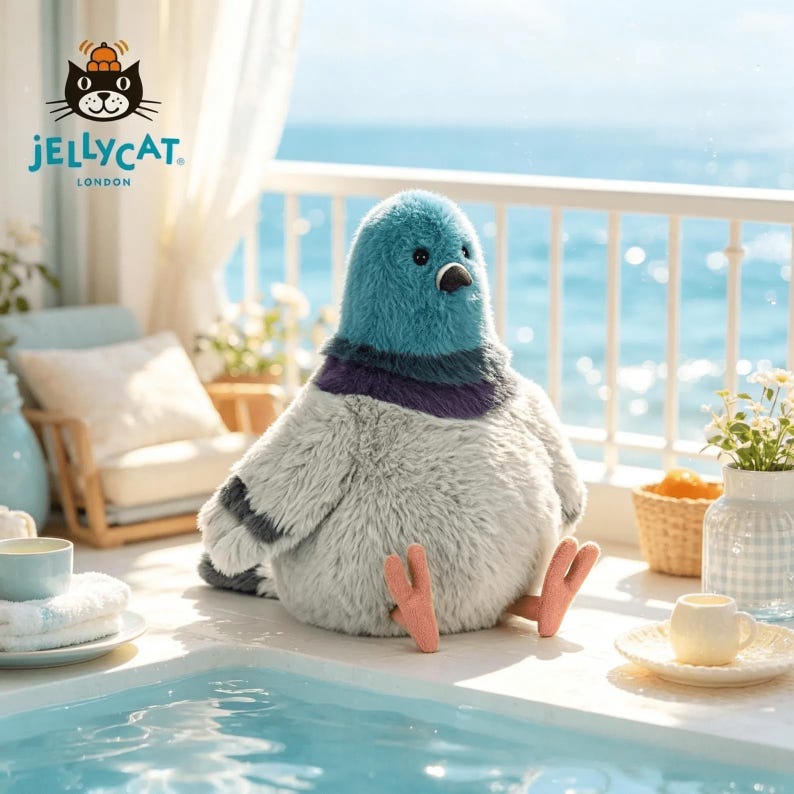 K&ouml;nnte beinhalten: Ein Pl&uuml;schpigeon mit blauem Kopf, grauem K&ouml;rper und rosa F&uuml;&szlig;en sitzt auf einem Sims. Das Spielzeug von Jellycat London hat einen schwarzen Schnabel. Der Hintergrund zeigt einen Balkon mit Blick auf das Meer.