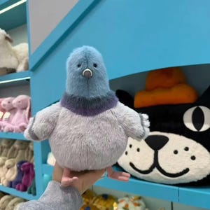 K&ouml;nnte beinhalten: Ein Pl&uuml;schpigeon mit blauem Kopf und grauem K&ouml;rper. Das Spielzeug hat einen lila Kragen und kleine rosa F&uuml;&szlig;e. Im Hintergrund sind weitere Pl&uuml;schtiere auf Regalen zu sehen, darunter eine schwarze Katze mit orangefarbenem Hut.