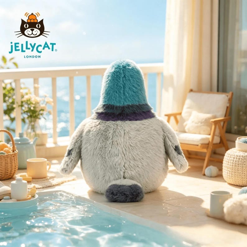K&ouml;nnte beinhalten: Ein weiches Taubenspielzeug mit blauem Kopf und grauem K&ouml;rper. Das Pl&uuml;schtier befindet sich auf einer gefliesten Oberfl&auml;che. Das Jellycat London-Logo ist oben links sichtbar. Der Hintergrund zeigt eine sonnige Szene im Freien.