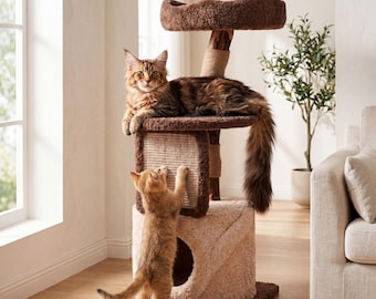 Wood Cat Tree Tower with Condo | Luxury Cat Tree Bed & Scratching Post | Tall Cat Climbing Tree for Large Cats | Modern Cat Playground Tower