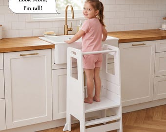 Kids Kitchen Step Stool | Toddler Learning Tower, Montessori Toddler Helper, 3-Step Wood Stool with Safety Rail