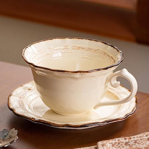 Handmade Ceramic Coffee Cup and Saucer Set, Rustic Pottery Tea Cup, Vintage Stoneware Mug, Artisan Coffee Gift for Her